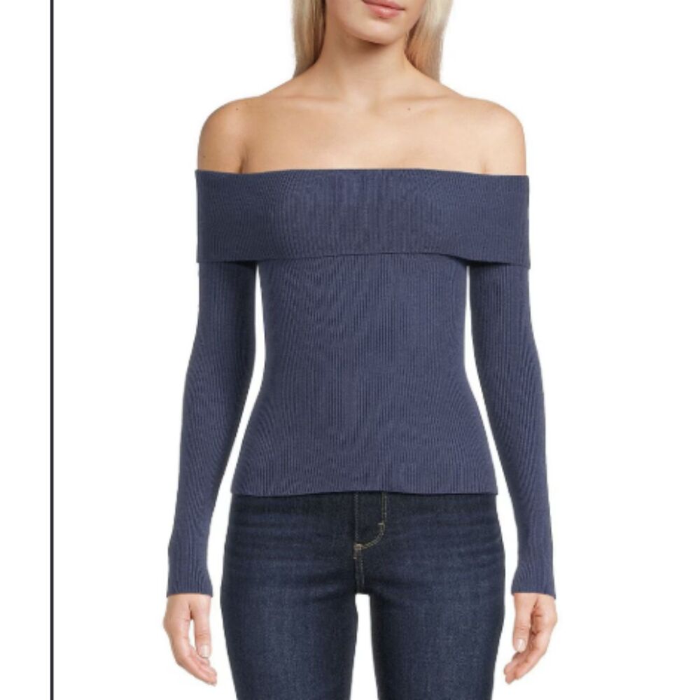 *NWT* Dusty Blue Ribbed Foldover Bardot Knit Top Size L